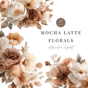 Mokka-Latte-Blumen-Cliparts, beige und braune Blumen, Aquarell-Blumenstrauß (PNG), botanische Hochzeitseinladungsgrafiken