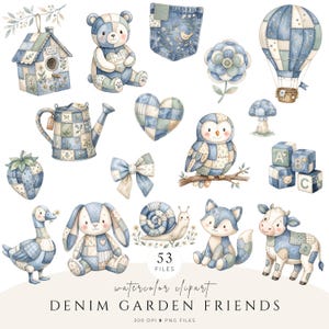 May include: A collection of watercolour illustrations featuring denim patchwork designs, including a birdhouse, teddy bear, pocket, flower, hot air balloon, watering can, heart, owl, mushroom, blocks, strawberry, bow, goose, rabbit, snail, fox, and cow.