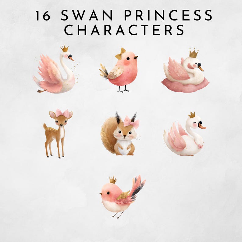 Squirrel Swan Swan Princess Characters Clipart, Pink & Gold Watercolor PNG, Fairytale ...