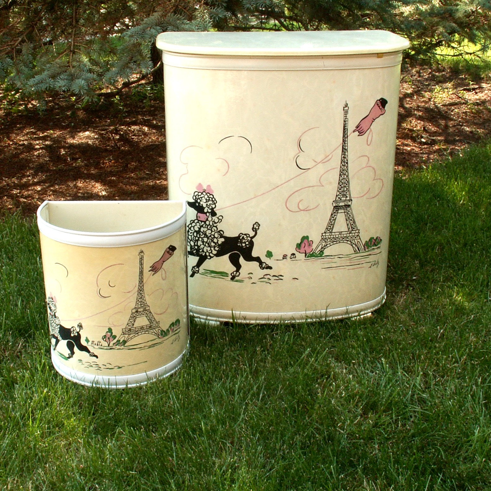 Vintage 1950s Pearl Wick Fifi Poodle Paris Hamper & Waste Basket