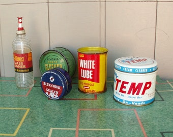 Vintage Lot of Assorted Advertising Tins and Bottle White Lube Temp Simoniz Aeromist Blue Coral