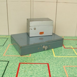 Vintage Metal cash Box With Tray and Metal Weis Index Card Box