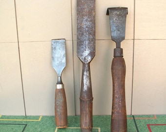 Three Large Vintage  Metal Chisels With Wooden Handles