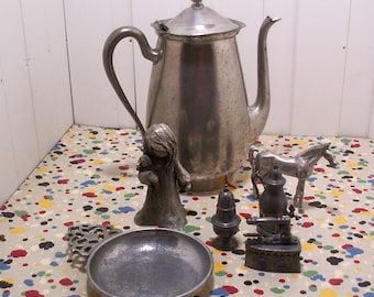 Vintage Lot Of Assorted Pewter Figure Horse Miniatures Pitcher Porringer Dish