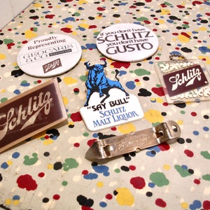 Vintage Schlitz Beer Lot Pins And Can Bottle Opener