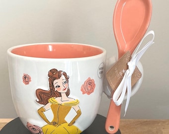 Rae Dunn Coffee Mug with Spoon~ ‘Beautiful As A Rose’ Featuring Belle From Disney’s Beauty & The Beast Movie-