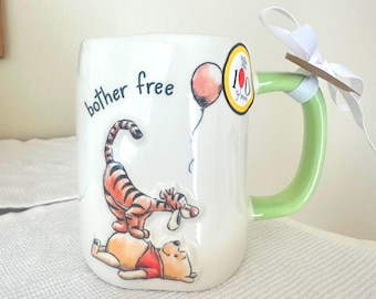 Rae Dunn 100th Year Green Interior  Winnie The Pooh and Tigger Mug-  ‘Bother Free’ - Green Handle
