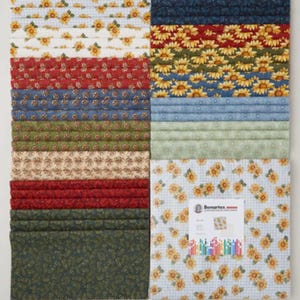 Può includere: Una collezione di quadrati di tessuto in vari modelli e colori. I disegni includono girasoli, paisley e stampe floreali in tonalità di blu, rosso, verde e crema. È visibile un'etichetta Benartex, che indica il marchio del tessuto.