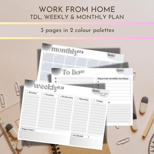 May include: Three printable planner pages for working from home, with a monthly calendar, weekly planner, and to-do list. The pages are in a grey and white colour scheme with a geometric pattern.