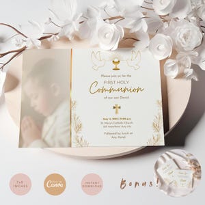 Plantilla de invitación para primera comunión / Plantilla religiosa elegante / Inglés y español / Plantilla editable en Canva / Diseño dorado