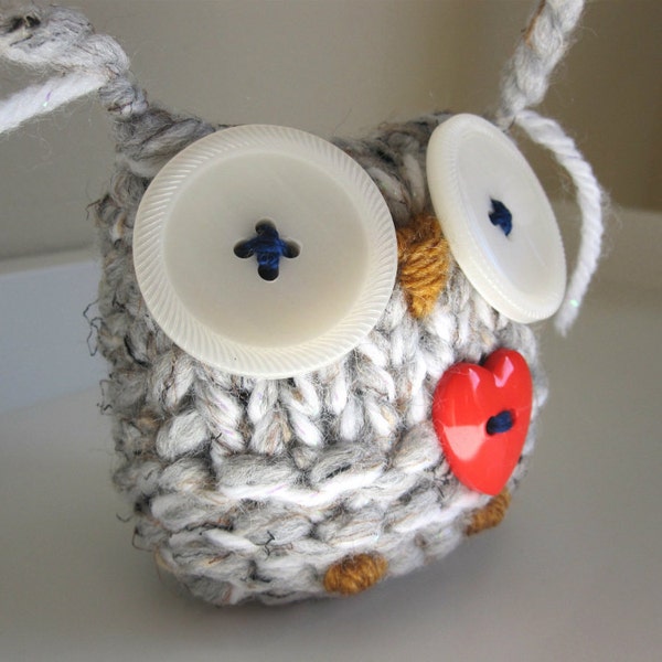 Knitted Plush Love Owl- Hand Made Stuffed Animal Toy with Red Heart