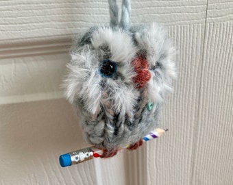 Knitted Ornament, Wool Love Owl, Soft Grey with turquoise blue heart