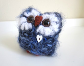 Blue Valentine Love Owl, Hand Knitted Wool and Mohair, Knitted Woodland Doll