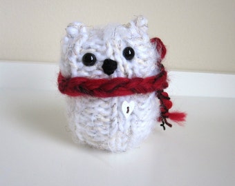 Cozy Winter Polar Bear, Plush Bear, Knitted White Bear, Teddy Bear, Wool and Mohair Bear with red scarf