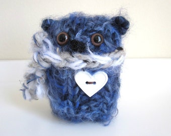 Blue Valentine Bear, Hand Knitted Stuffed Bear with White Heart Button and Scarf