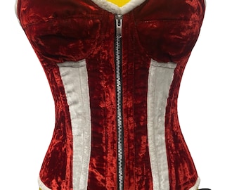 Women Red Velvet OverBust Zip Corset: Steel Boned Waist Shaper Corset