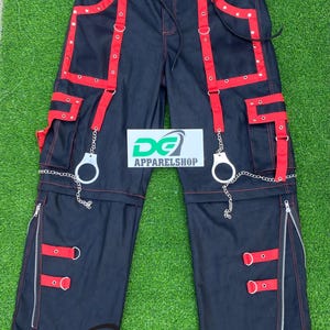 Pantalon chaînes gothiques faits à la main pour hommes en coton noir avec bretelles rouges