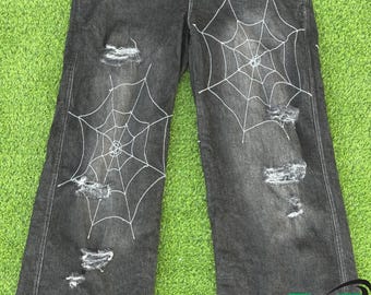 Gothic Spider Web Jeans - Distressed Black Denim Pants - Unisex Alt Punk Rave Festival Clothing - Custom Fit Streetwear
