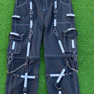 Handmade Men&#39;s Gothic Threads Reflective Pant Black Punk Buckle Zips Chain Strap Trousers