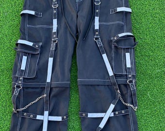 Handmade Men's Gothic Threads Reflective Pant Black Punk Buckle Zips Chain Strap Trousers