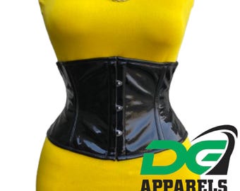 Women's Handmade UnderBust Waist Training Steel Boned Black PVC Plus Size Waist Cincher Corset