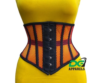 May include: A black corset with red and orange mesh panels and black metal clasps. The corset is on a yellow mannequin.