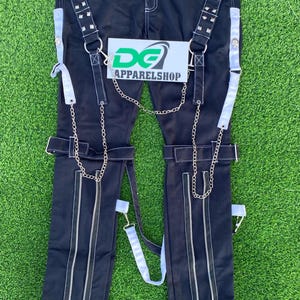 Pantalon gothique pour hommes avec chaînes Pantalon noir bretelles blanches Cyber Pant Rave Baggy Pants