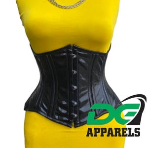 Women&#39;s Handmade Heavy Duty UnderBust Steel Boned Black PVC Hourglass Body Shaper Corset