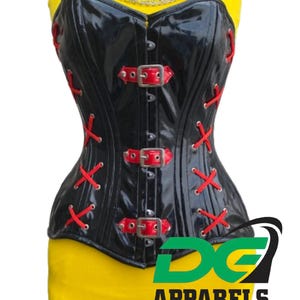 Handmade Women&#39;s OverBust Corset Black PVC Steel Boned with Front Buckles Waist Trainer Corset