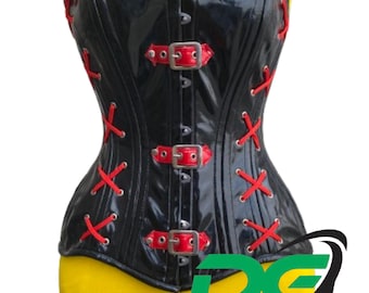 Handmade Women's OverBust Corset Black PVC Steel Boned with Front Buckles Waist Trainer Corset