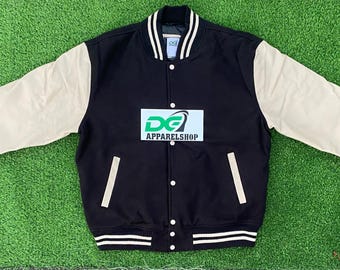 Black Wool Varsity Jacket: Cream Leather Sleeves, Retro Bomber
