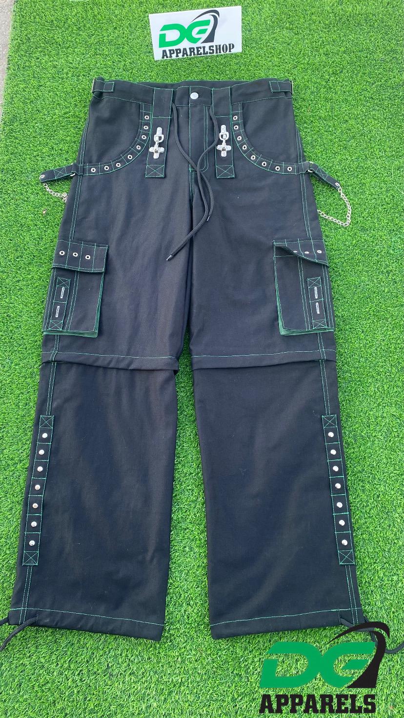 Handmade Men's Gothic Black Cotton Green Threads Punk Zips Strap Baggy Cargo Trousers