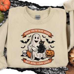 Funny Ghost Cat Halloween Shirt, Dead Inside Still Love Cats Tee, Spooky Black Cat Pumpkin Skeleton Bat Shirt, Cute Ghost Cat Lover Fall Tee