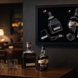 Może przedstawiać: Mroczna scena w barze z dwiema butelkami bourbonu, dwoma szklankami i oprawioną ekspozycją rozbitej butelki. Butelki to Woodford Reserve i Buffalo Trace. Ekspozycja jest w czarnej ramie.