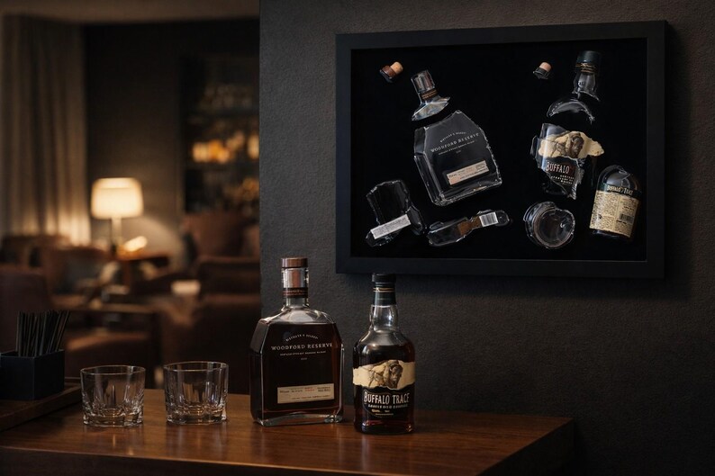Może przedstawiać: Mroczna scena w barze z dwiema butelkami bourbonu, dwoma szklankami i oprawioną ekspozycją rozbitej butelki. Butelki to Woodford Reserve i Buffalo Trace. Ekspozycja jest w czarnej ramie.