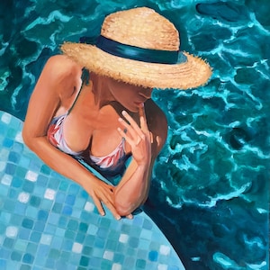 Original Oil Painting, Woman in Hat by the Pool , Summer Portrait ,Wall Art for Country House, Beach Home, SPA Interior.