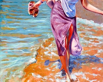 Original Oil Painting, Woman on Beach, Seascape Art, 23.6x23.6"