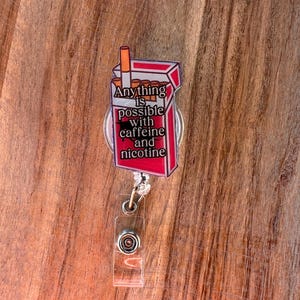 Caffeine and Nicotine Badge Reel – Dark Humor Nurse ID Holder – Funny Med Badge Clip for Healthcare Workers & Night Shift