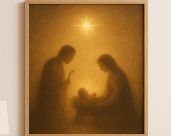 May include: A framed print depicting the Nativity scene. The artwork features silhouettes of Mary, Joseph, and baby Jesus, illuminated by a bright star. The print is in a wooden frame, creating a warm, sepia-toned image.