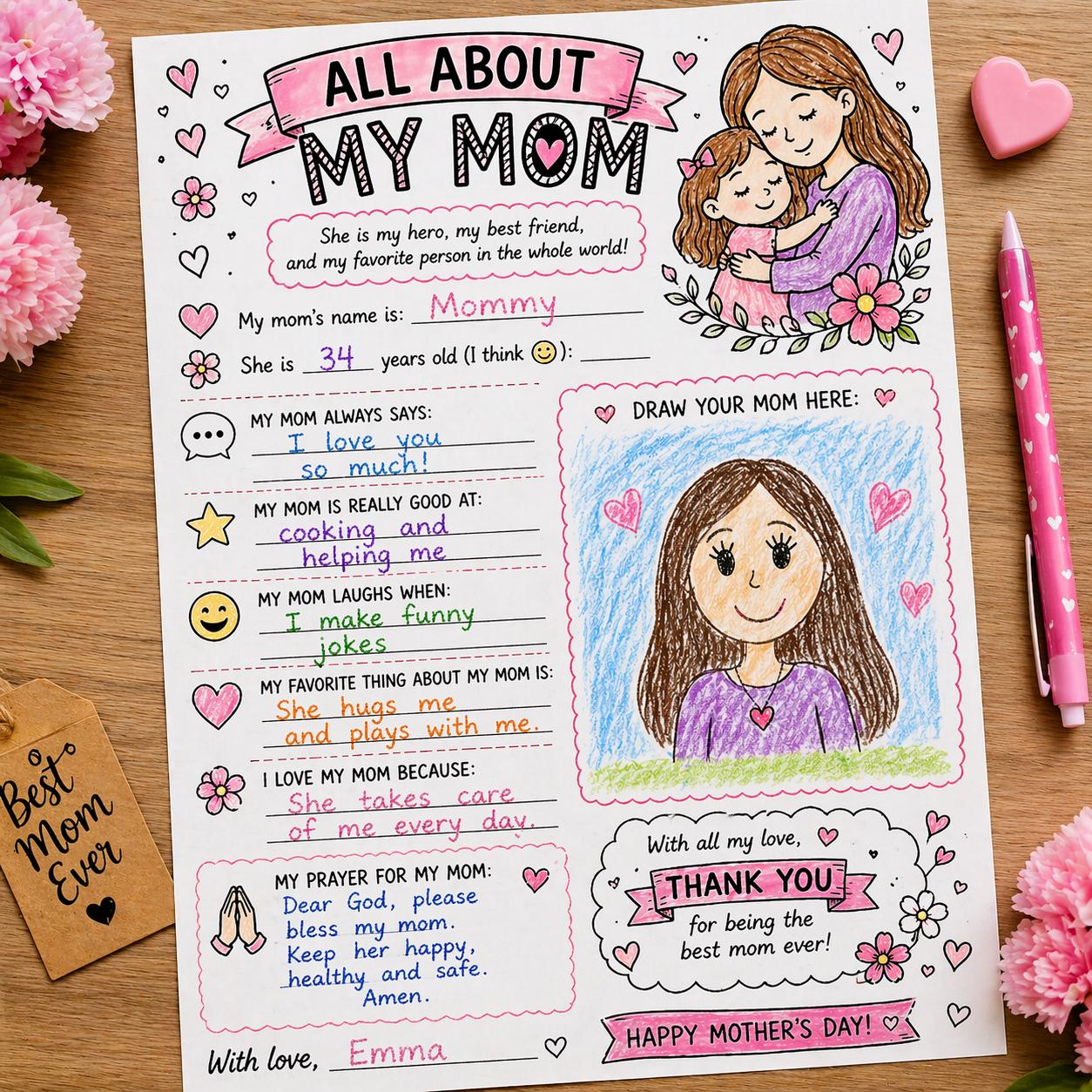 All About Mom Printable Activity Page, Kids Mother's Day Fillable ...