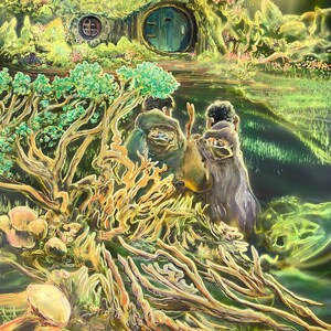 Puede incluir: Una pintura de una casa hobbit con una puerta verde, rodeada de exuberante vegetación y un árbol. Dos figuras se encuentran en primer plano, mirando hacia la casa hobbit.