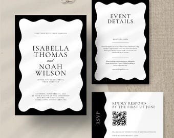 Wellenförmige Hochzeitseinladung - schwarz-weiß, modern (Canva)
