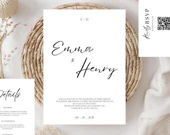 Minimalistische Hochzeitseinladung Set | Modernes QR Code Template (Digital)
