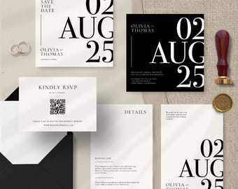 Moderne Schwarz Weiß Hochzeitseinladung, Canva Template