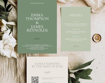 Sage Grüne Hochzeitseinladungen | Minimalistische Canva Vorlage (Digitaler Download)