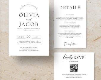 Minimalistische Hochzeitseinladung mit QR-Code (Digitale Vorlage)