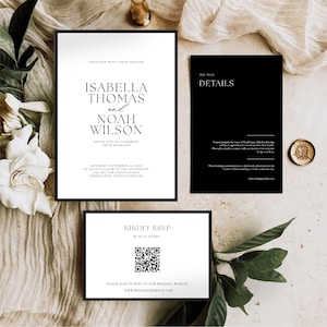 Lot de faire-part de mariage élégant noir et blanc avec code QR. Modèle de suite d'invitations Modern Canvas, code QR, carte d'informations détaillées et carte RSVP