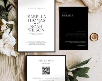 Elegante Schwarz-Weiße Hochzeitseinladung, Modernes Canva Template (QR Code)