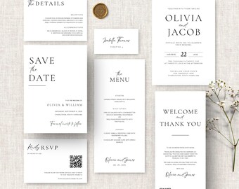 Minimalistisches Hochzeitseinladungspaket, elegante Beschilderung (Canva bearbeitbar, digitaler Download)