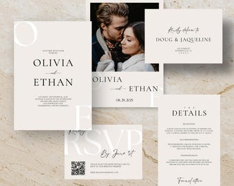 Minimalistische Hochzeitseinladung, beiges modernes Design (Canva Template)